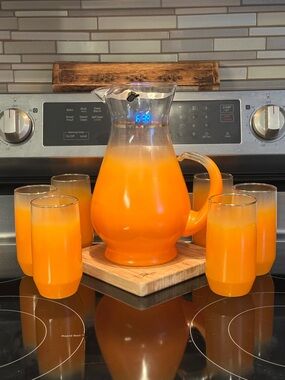 Vintage Blendo MCM Orange Glass Pitcher and Tumbler Set